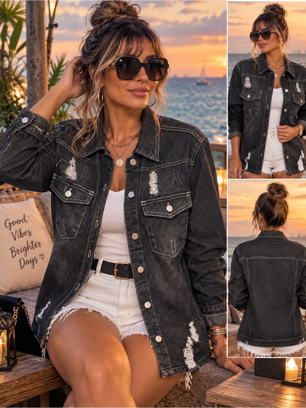 Women’s Distressed Black Denim Jacket - Classic Trucker Style